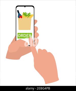 hand holds a smartphone and orders food in the application. secure contactless delivery and shopping concept. flat style Stock Vector