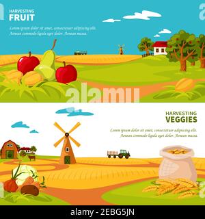 Flat design horizontal banners set with beautiful farm landscapes veggies and fruit harvest isolated vector illustration Stock Vector