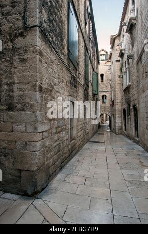 Split - Croatian, August 25, 2018: Split, Croatia - Street with traditional stone houses, built in the 17th century, as a filming location for the TV Stock Photo