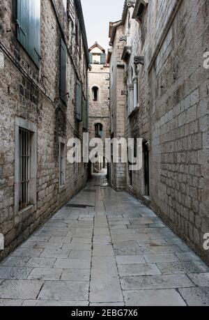 Split - Croatian, August 25, 2018: Split, Croatia - Street with traditional stone houses, built in the 17th century, as a filming location for the TV Stock Photo