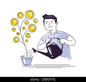 Businessman watering money tree from watering can. Finance, investment concept vector illustration Stock Vector