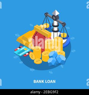 Bank loan financial isometric icons round composition with coins scales gold money credit card diamonds symbols vector illustration Stock Vector