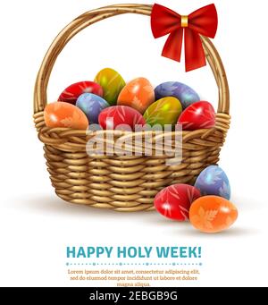 Decorative wicker basket with easter eggs samples realistic image with holy week greeting text poster vector illustration Stock Vector