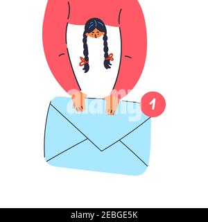 Woman holding an envelope. New mail. Stock Vector
