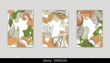 Set of autumn floral background design. Abstract organic shape fall nature graphic items. Trendy geometric forms, textured stroked floral decor elemen Stock Vector