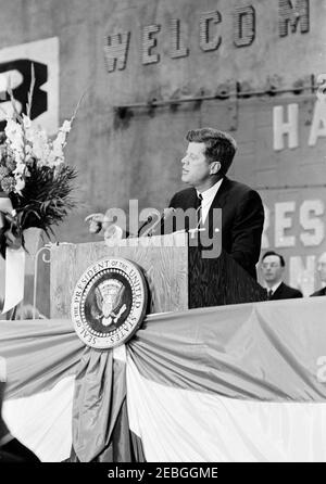 Trip to Louisiana and Florida: New Orleans, Louisiana, address at Nashville Avenue Wharf dedication, 10:30AM. President John F. Kennedy delivers remarks at the dedication ceremony for Nashville Avenue Wharf, a new dockside terminal at the Port of New Orleans in New Orleans, Louisiana. Stock Photo
