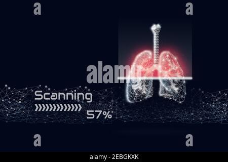 Scanning of the low poly lung hologram on dark blue background. Covid-19. Human lungs scanning. Innovation and Medical technology Stock Photo