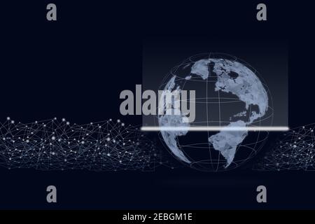 Close up of scanning digital globe on dark blue background. Energy and ecology concept, Technologies connecting the world. Global network Stock Photo