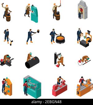 Metalworking process equipment tools and machinery isometric icons collection with blacksmith forging wrought iron isolated vector illustration Stock Vector