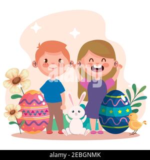 happy easter celebration card with eggs and little kids couple Stock Vector