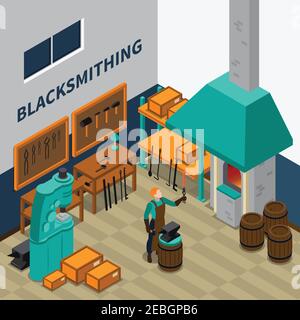 Blacksmith forging wrought iron on anvil isometric poster with smith shop tools materials and machinery vector illustration Stock Vector