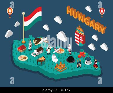 Hungary isometric touristic map with hungarian flag buildings dishes and people in national costumes vector illustration Stock Vector
