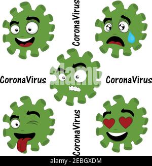 Vector illustration of cartoon bacteria, virus or microbe emoticons, with expressions of sadness, anger, love, madness and joy Stock Vector