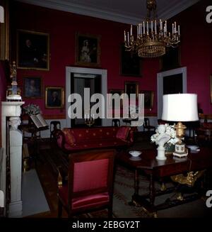 Dinner in honor of Nobel Prize Winners, 8:00PM. View of flower arrangements in the Red Room of the White House, Washington, D.C., set up for a dinner in honor of Nobel Prize winners from the Western Hemisphere. Stock Photo