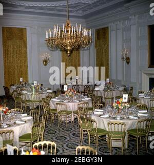 Dinner in honor of Nobel Prize Winners, 8:00PM. View of tables set for a dinner in honor of Nobel Prize winners from the Western Hemisphere. State Dining Room, White House, Washington, D.C. Stock Photo