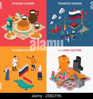 Russian culture isometric touristic 2x2 icons set with national symbols costumes and cuisine isolated on colorful background vector illustration Stock Vector