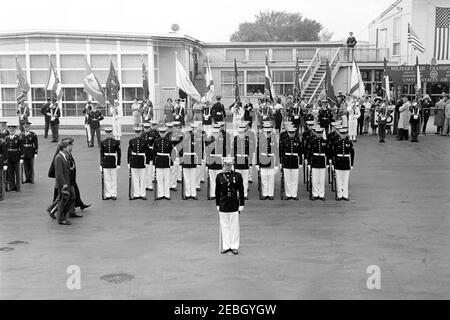 Arrival ceremony for Archbishop Makarios III, President of Cyprus, 11:00AM. President John F. Kennedy and President of the Republic of Cyprus, Archbishop Makarios III (both walking at left), review honor guard troops during arrival ceremonies for Archbishop Makarios III; Commander of Troops, Lieutenant Colonel Charles P. Murray, Jr., escorts the President and Archbishop. Military Air Transport Service (MATS) terminal, Washington National Airport, Washington, D.C. Stock Photo