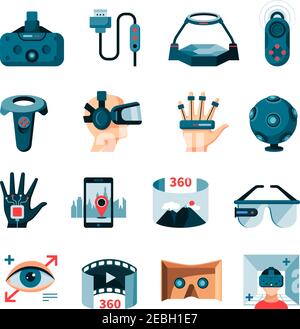Virtual 360 degree augmented reality symbols gadgets and accessories flat icons set with 3d glasses isolated vector illustration Stock Vector
