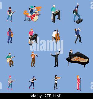 Musicians people singing and playing various musical instruments isometric icons set isolated on blue background vector illustration Stock Vector