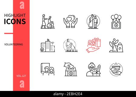 Volunteering concept - line design style icons set. Disabled, elderly people, animals, orphans help. Charity, medical aid, land improvement, trees pla Stock Vector