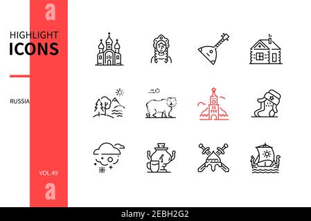 Russia - modern line design style icons set. Russian national symbols and traditions. Church, folk, balalaika, izba, nature, bear, kremlin, traditiona Stock Vector