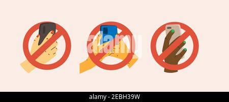 Prohibition to use a mobile phone. Hand holding a smartphone in a crossed out circle. No phone. Digital detox. Stock Vector