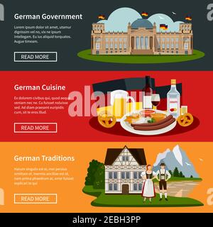 Germany flat horizontal banners with plate of national food government building and traditional symbols vector illustration Stock Vector
