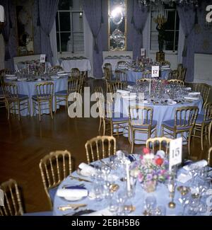 Dinner in honor of Andru00e9 Malraux, Minister of State for Cultural Affairs of France, 8:00PM. View of tables set for a dinner in honor of Minister of State for Cultural Affairs of France, Andru00e9 Malraux. Blue Room, White House, Washington, D.C. Stock Photo