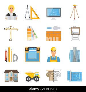 Architect flat colored icons collection with tools for measurement and drafting brick wall  crane facade decor elements isolated vector illustration Stock Vector