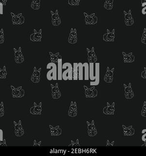Repeat seamless pattern of rabbits with different emotions, Gray white colors. Happy, unhappy, wondered, in love and sad bunnies. Chalk blackboard effect Stock Vector