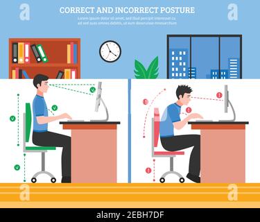 Young man demonstrating correct and incorrect sitting postures for healthy spine while working on computer flat vector illustration Stock Vector