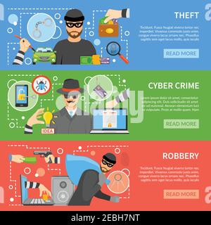 Theft flat horizontal banners with different types of stealing and threats for property money information vector illustration Stock Vector