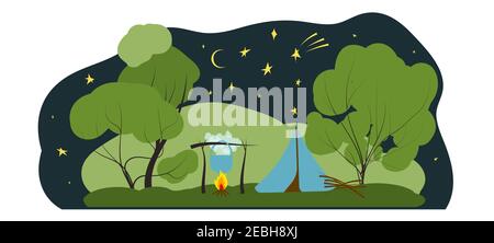 adventure travel night in summer forest with tents vector illustration landscape with tent, mountains, forest, fire, river in flat style. Perfect for Stock Vector