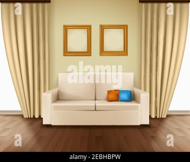 Realistic room interior with luxury window curtain sofa pillows frames and parquet floor vector illustration Stock Vector