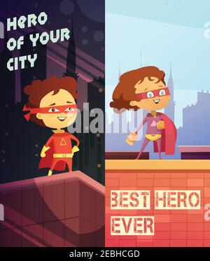 Two urban vertical banners with happy kids dressed in superhero costumes and standing on roof of skyscraper flat vector illustration Stock Vector