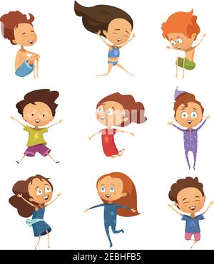 Set of isolated cute cartoon images of funny jumping little boys and girls in retro style flat  vector illustration Stock Vector