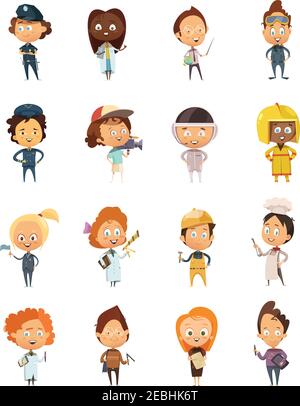 People professions cute cartoon icons set for kids with policeman astronaut doctor cameraman artist chef flat isolated vector illustration Stock Vector