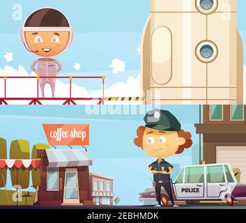 People professions two horizontal banner  with cute cartoon kids in suits of policeman and astronaut flat vector illustration Stock Vector