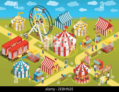 Amusement park travel circus attractions colorful isometric poster with classic striped tents and ferris observation wheel vector illustration Stock Vector