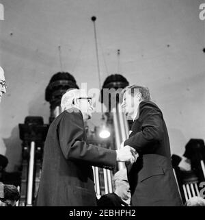 Conservation Tour of Western States: Utah, Salt Lake City: Address at Mormon Tabernacle, 8:18PM. President John F. Kennedy stands with President of the Church of Jesus Christ of Latter-Day-Saints, David O. McKay (left), during a ceremony at the Mormon Tabernacle in Salt Lake City, Utah. Stock Photo