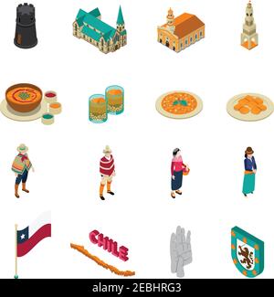 Chile top tourist attractions isometric icons collection with national layered pie dish and churches isolated vector illustration Stock Vector