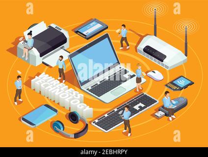Wireless technology electronic devices isometric composition poster with laptop printer smartphone router and users orange background vector illustrat Stock Vector