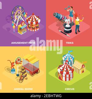 Travel circus performance 4 isometric icons square composition with animals show and magician tricks isolated vector illustration Stock Vector