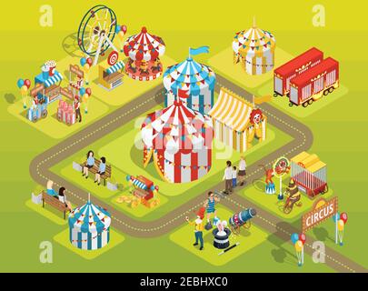 Travel circus attractions isometric composition amusement park schema with striped tents  observation wheel and visitors vector illustration Stock Vector