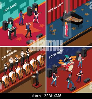 Musicans people performing at stage isometric 2x2 icons set isolated vector illustration Stock Vector