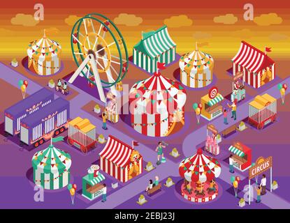 Amusement park circus attractions isometric poster with classic striped tents and observation wheel late evening vector illustration Stock Vector