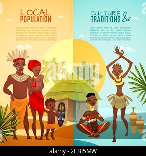 African tribal traditions customs rituals and family life 2 flat vertical banners set isolated vector illustration Stock Vector