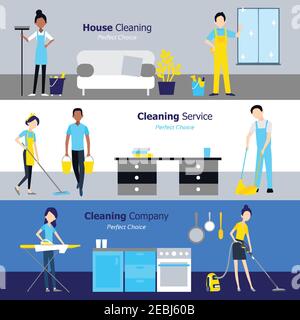 Professional cleaning horizontal banners with services of companies and people in flat style vector illustration Stock Vector