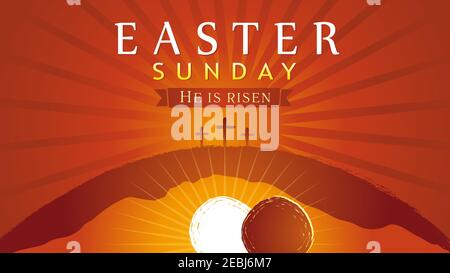 Easter Sunday - He is risen, tomb and three crosses, sunrise card. Easter, holy week invitation for service with typography on sun beams background. Stock Vector