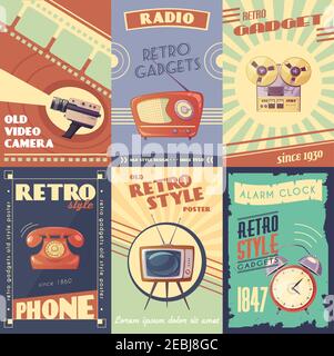 Retro gadgets cartoon posters with camera radio musical player phone tv alarm clock vector illustration Stock Vector